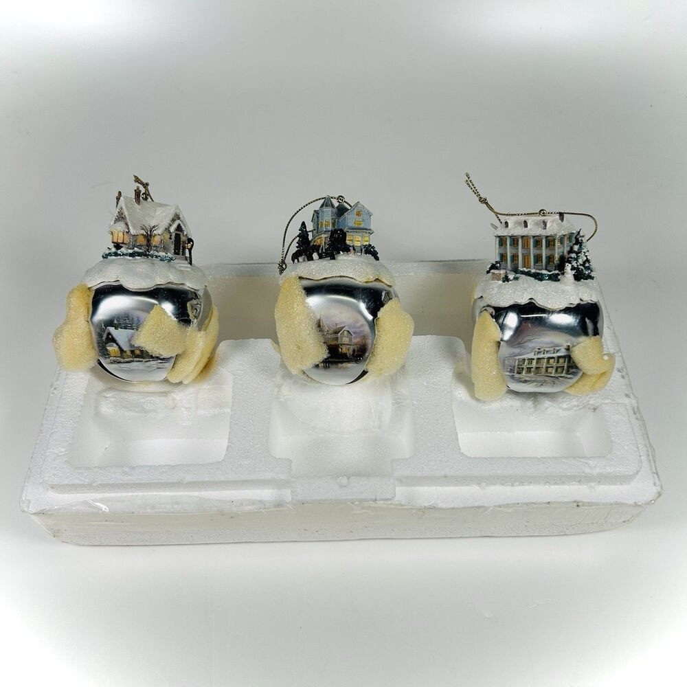 Set Of 3 Thomas Kinkade Sleigh Bell Ornaments #13 Ashton-drake W/ Coa New 2006